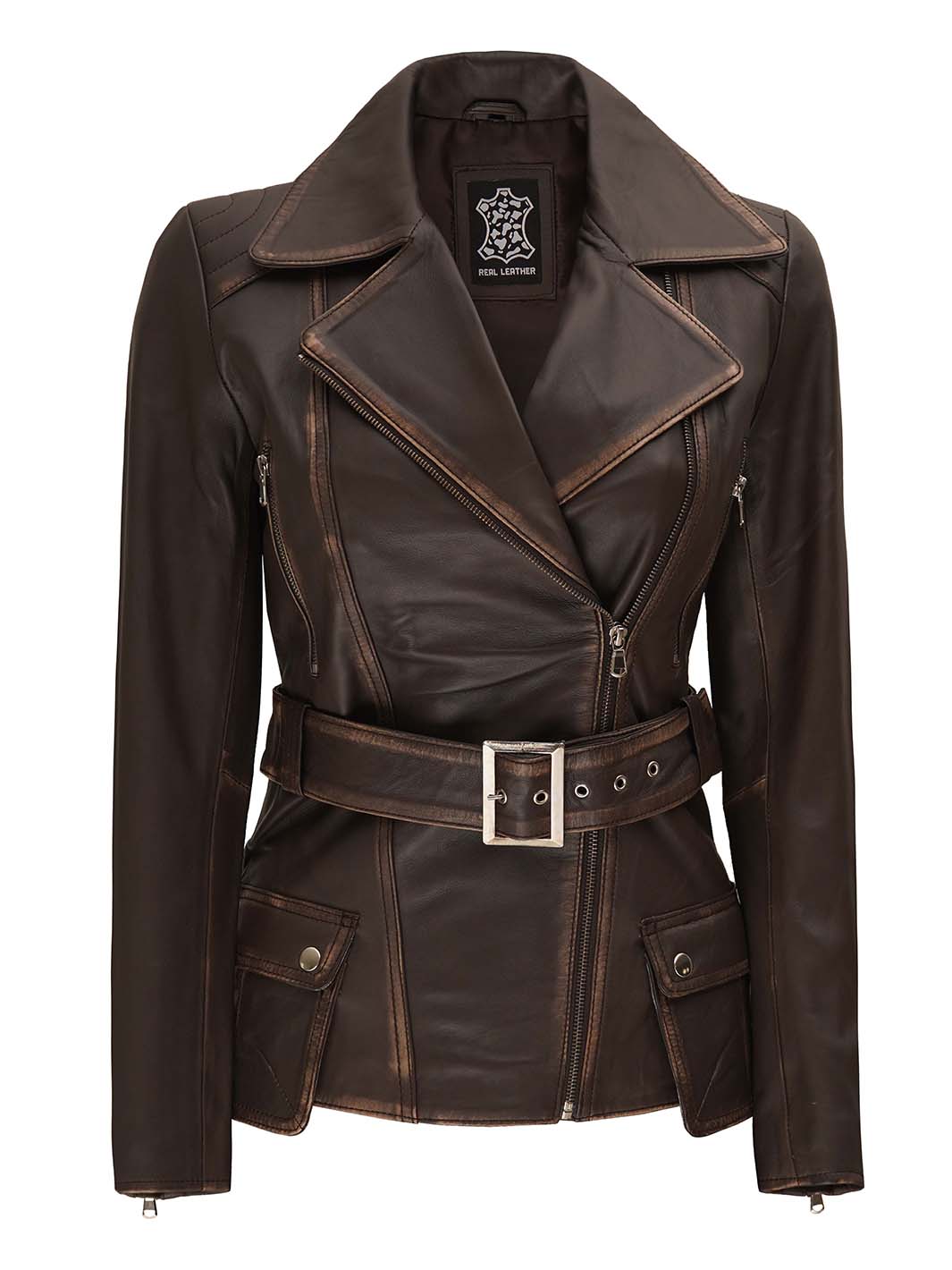 Veste en cuir marron vieilli femme