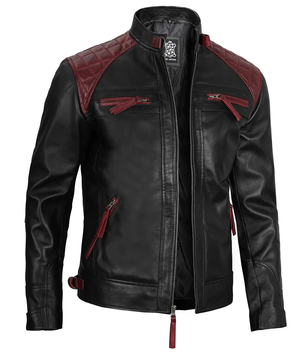 veste en cuir homme rouge et noir café racer