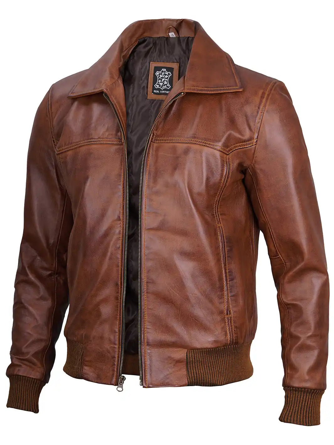 veste en cuir véritable cognac pour hommes