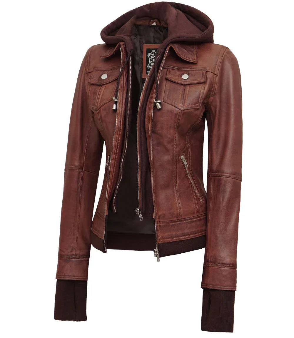 veste en cuir marron foncé pour femme