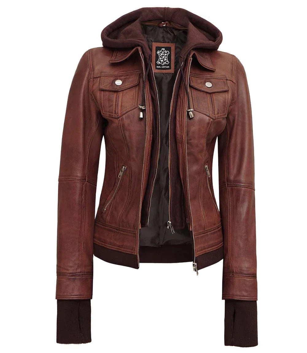 veste en cuir marron foncé pour femme