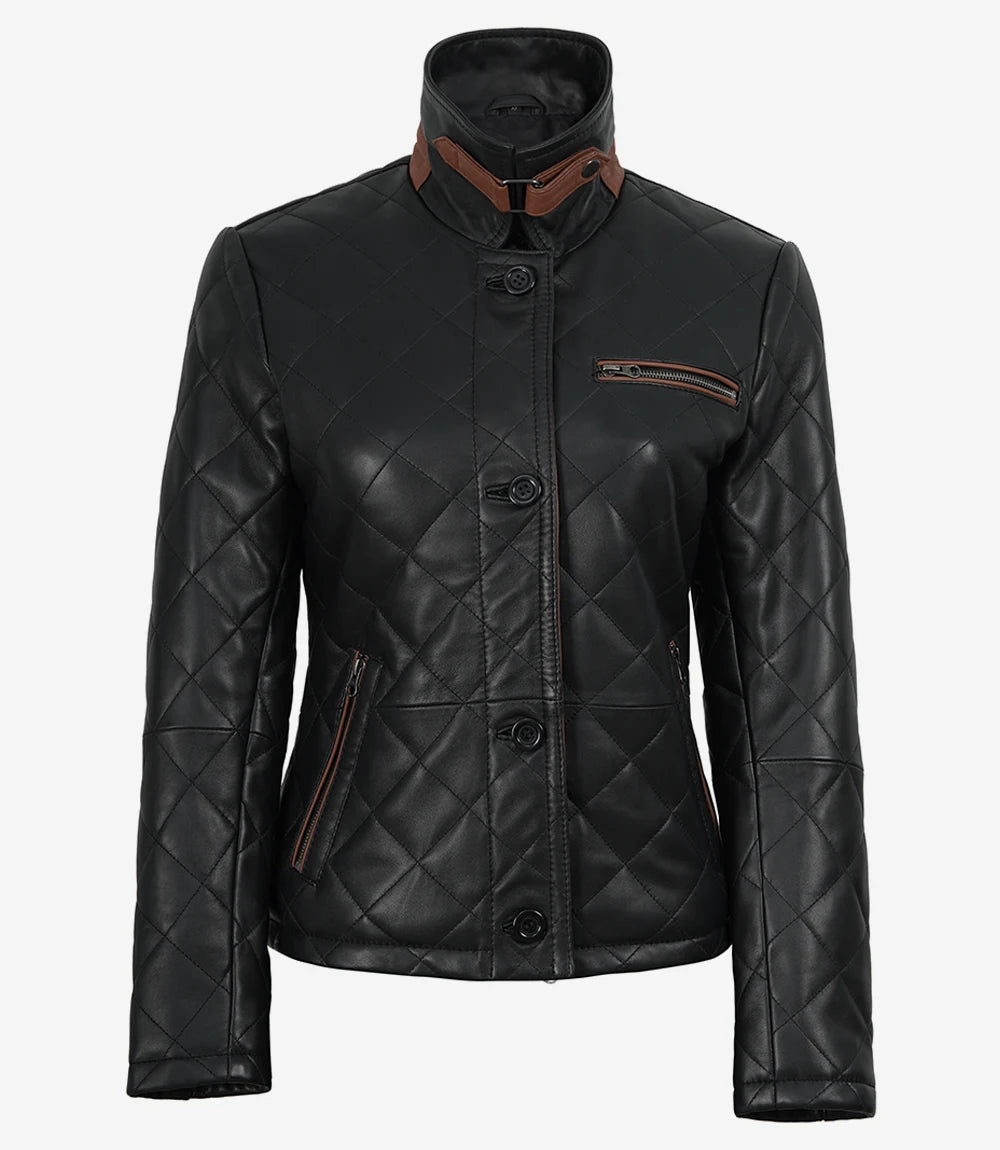 Femmes Noir Cuir Veste avec Brun Garniture