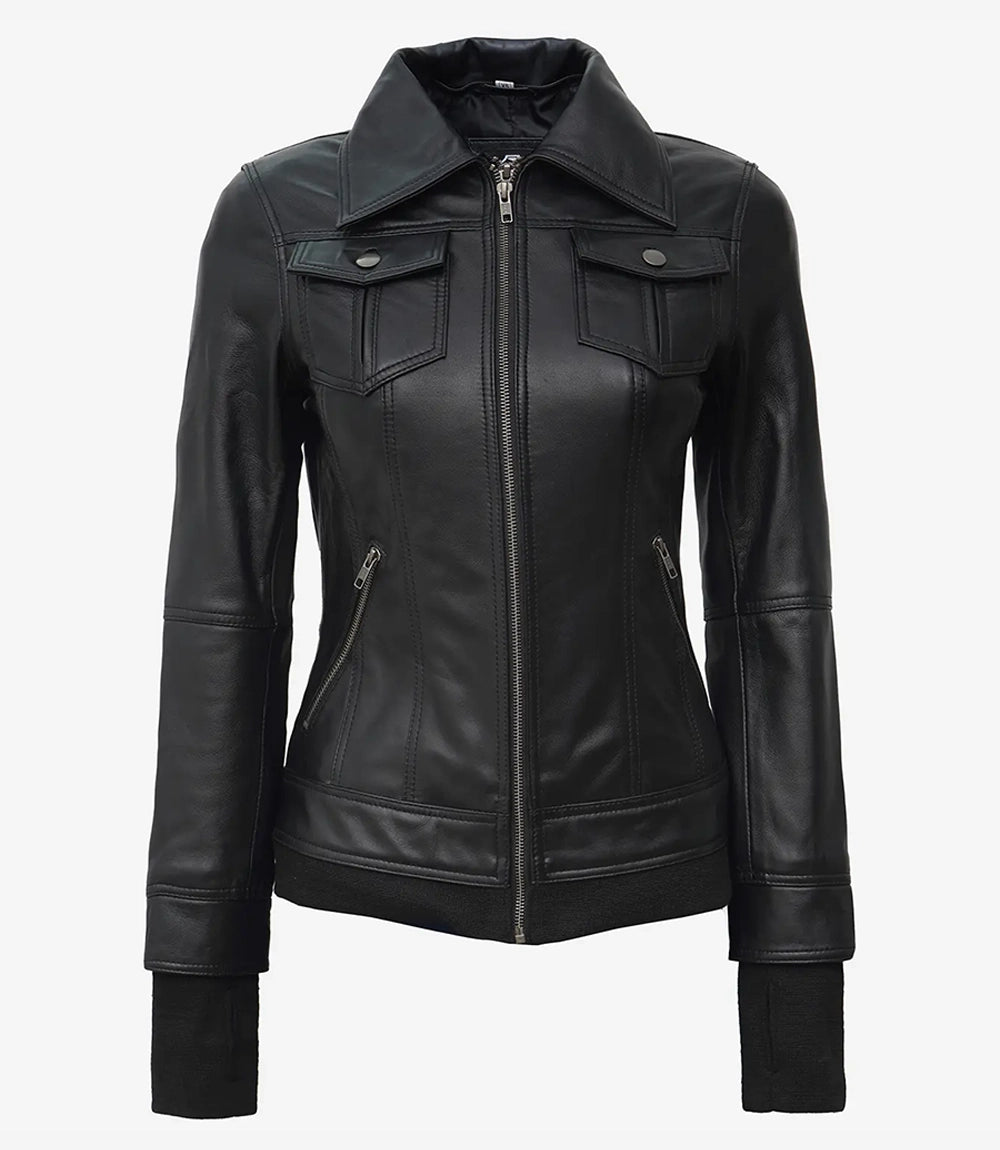 Women's Black Leather Motorcycle Jacket with Hood