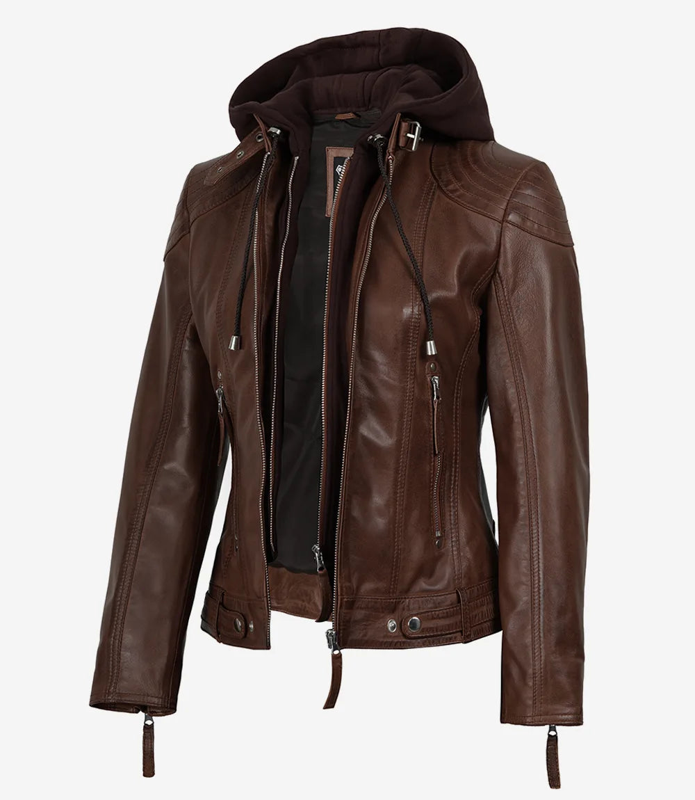 Femmes Cognac Cuir Veste Avec Amovible Capuche
