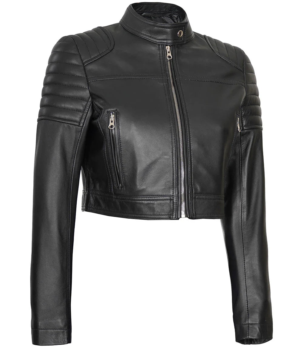 veste en cuir courte noire pour femme