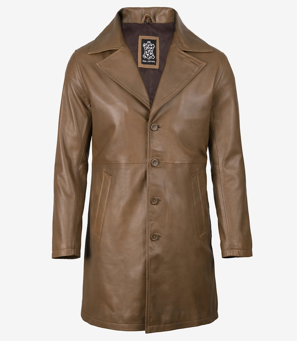 Men's brown leather mid-length coat