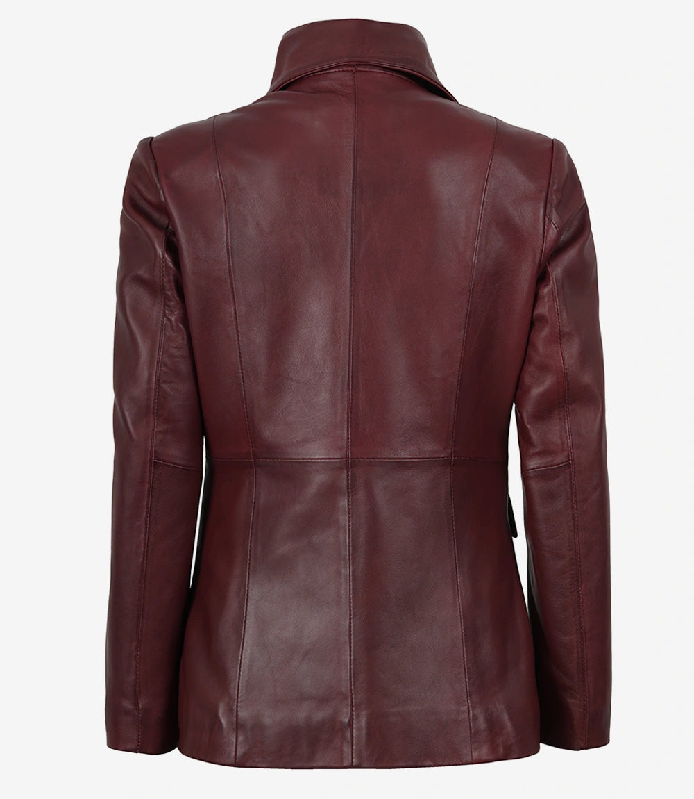 Femmes Bourgogne Véritable Cuir Blazer