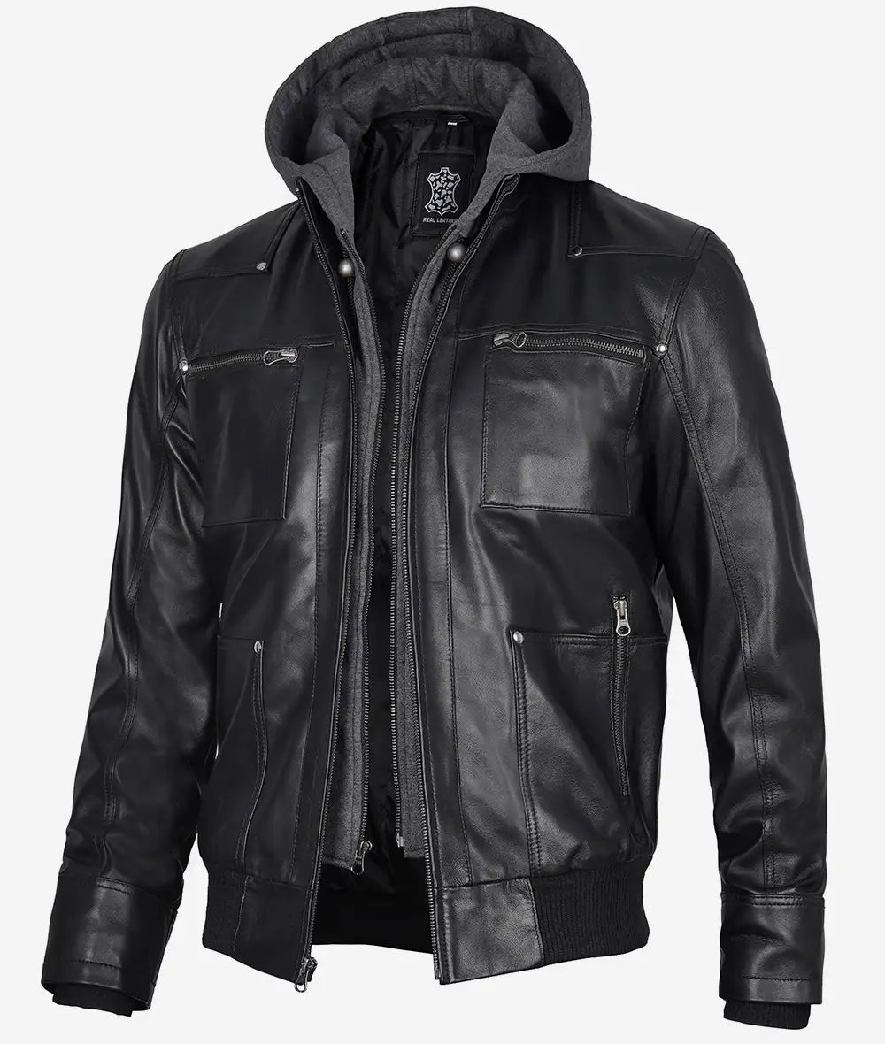veste en cuir bomber noir pour homme avec capuche