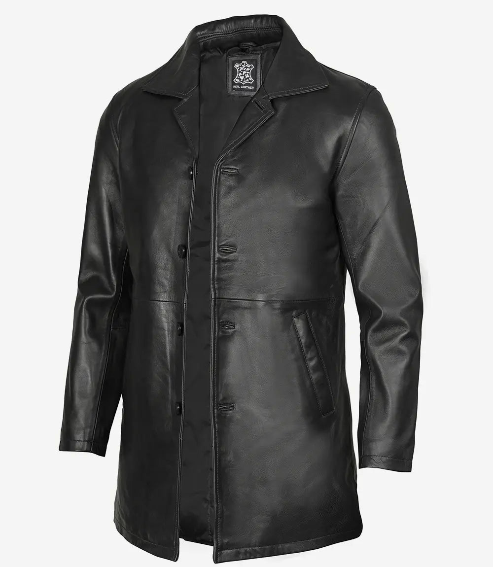 Men's 3/4 Length Black Leather Car Coat 