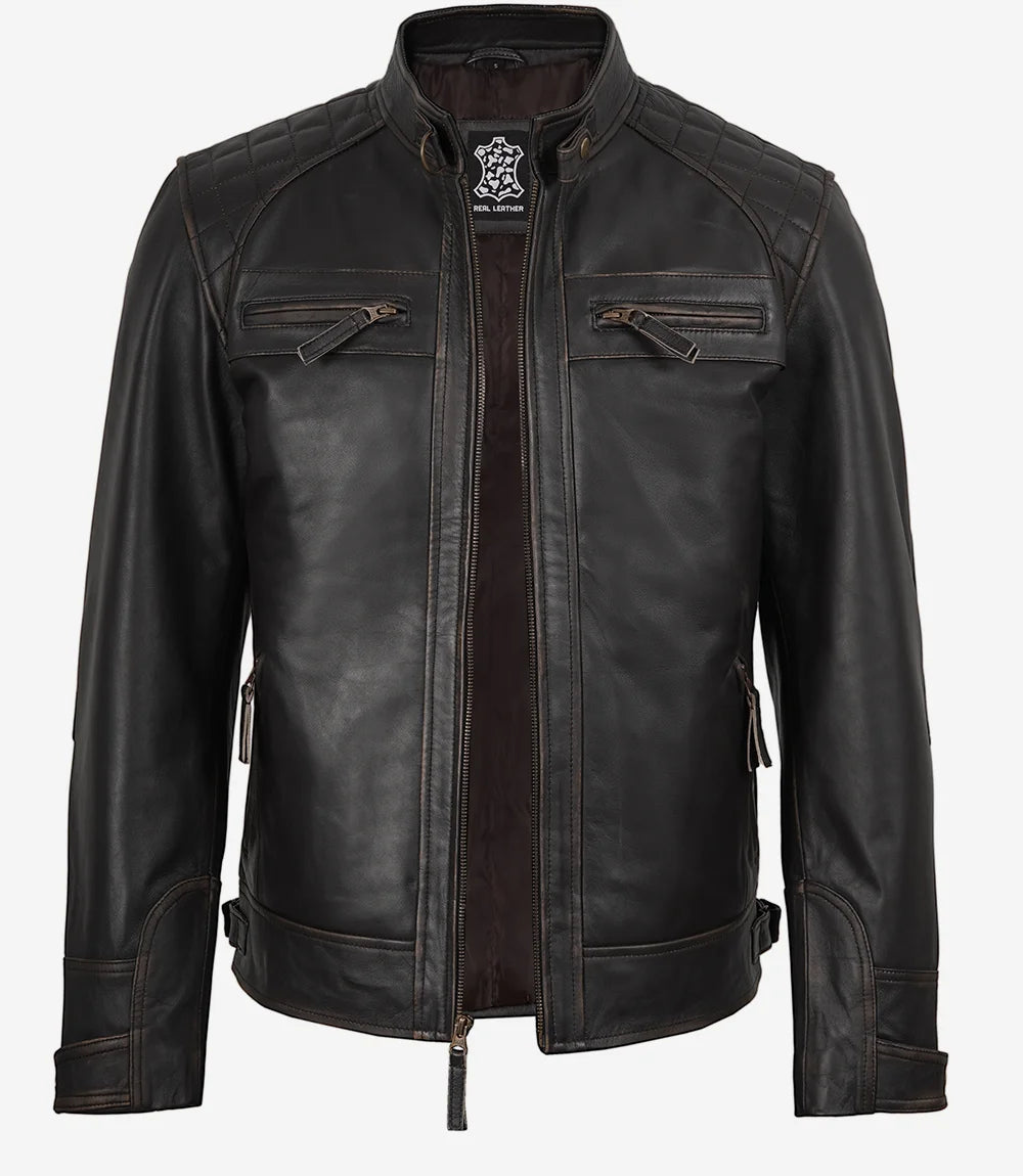 Veste de moto en cuir vieilli pour homme