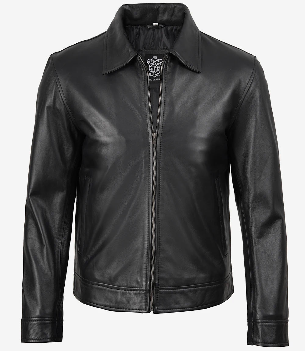 Veste en cuir véritable noire pour homme