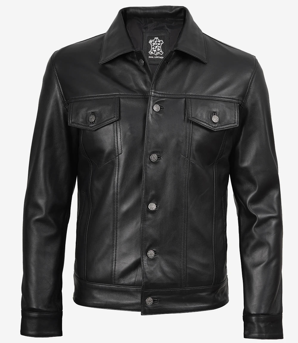 Veste de camionneur en cuir noir pour homme
