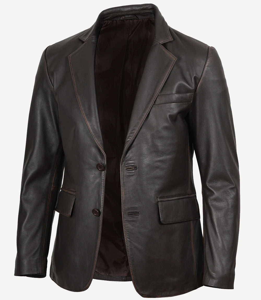 Blazer en cuir véritable marron pour hommes