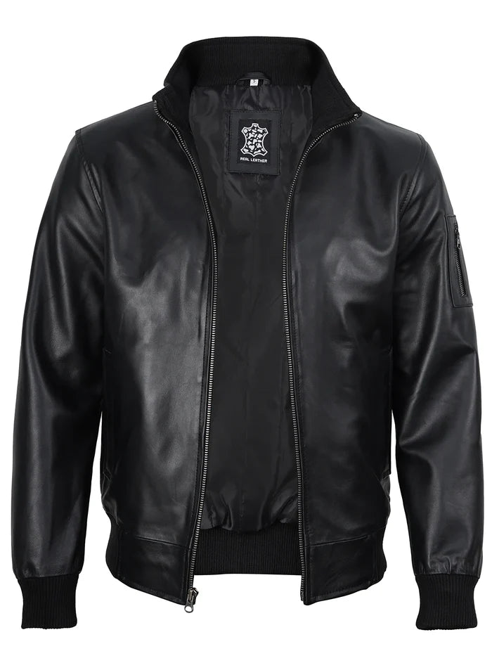 Men's Black Genuine Cowhide Leather Bomber Jacket