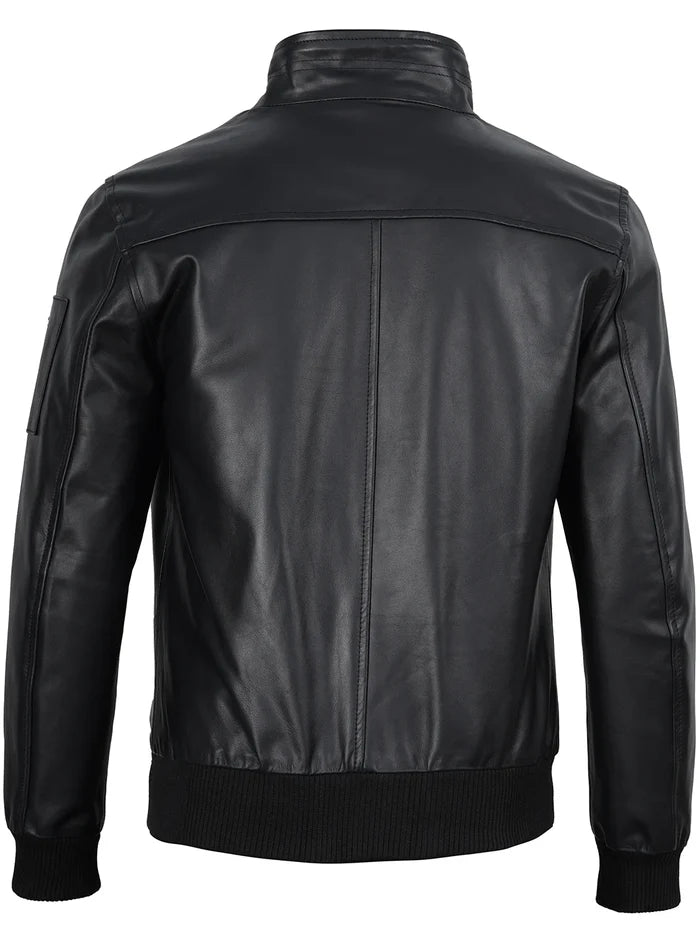 Men's Black Genuine Cowhide Leather Bomber Jacket