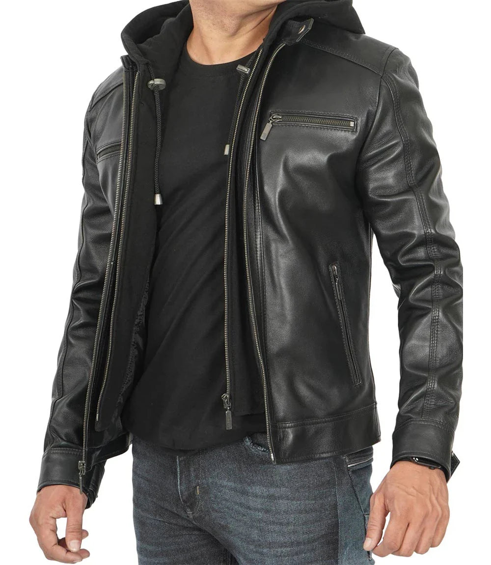 veste en cuir d'agneau véritable noir pour homme avec capuche