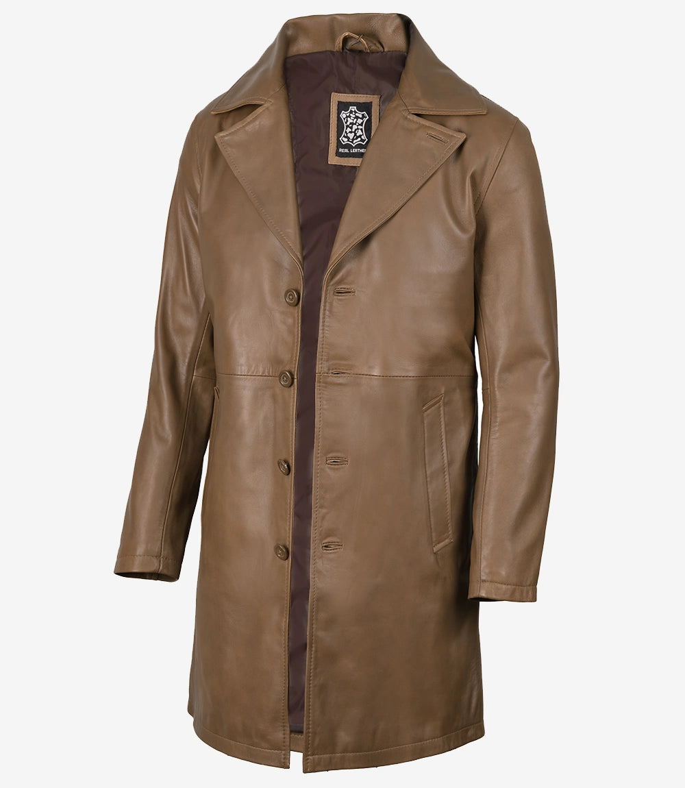 Men's brown leather mid-length coat