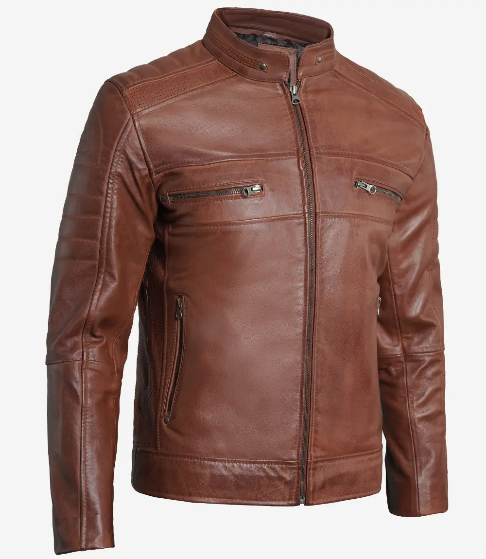 Austin Men's Cognac Cafe Racer Leather Jacket