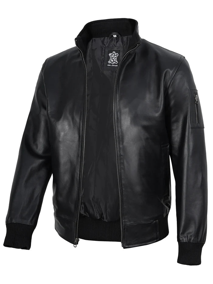 Men's Black Genuine Cowhide Leather Bomber Jacket