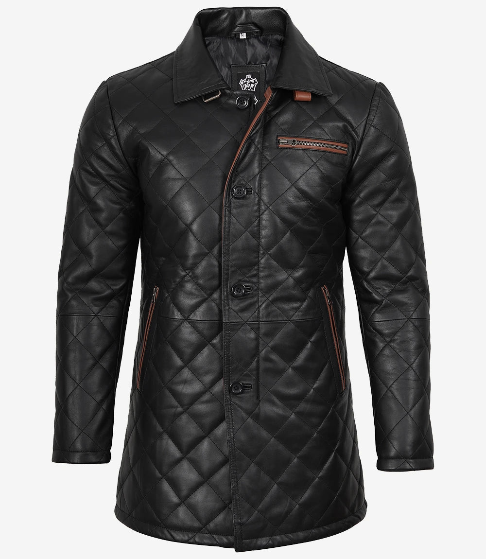 Manteau en cuir noir matelassé pour homme