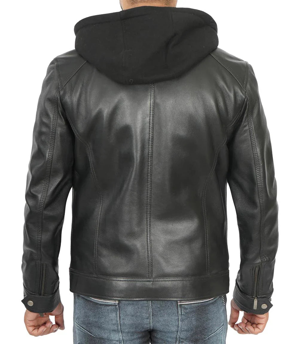veste en cuir d'agneau véritable pour homme avec capuche
