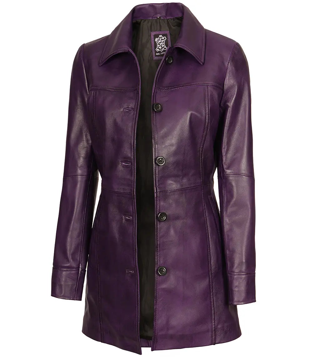 manteau de voiture en cuir violet femme