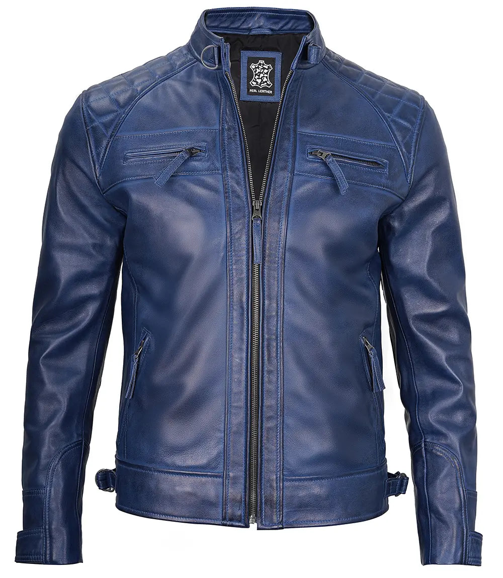 veste bleue en cuir véritable pour homme