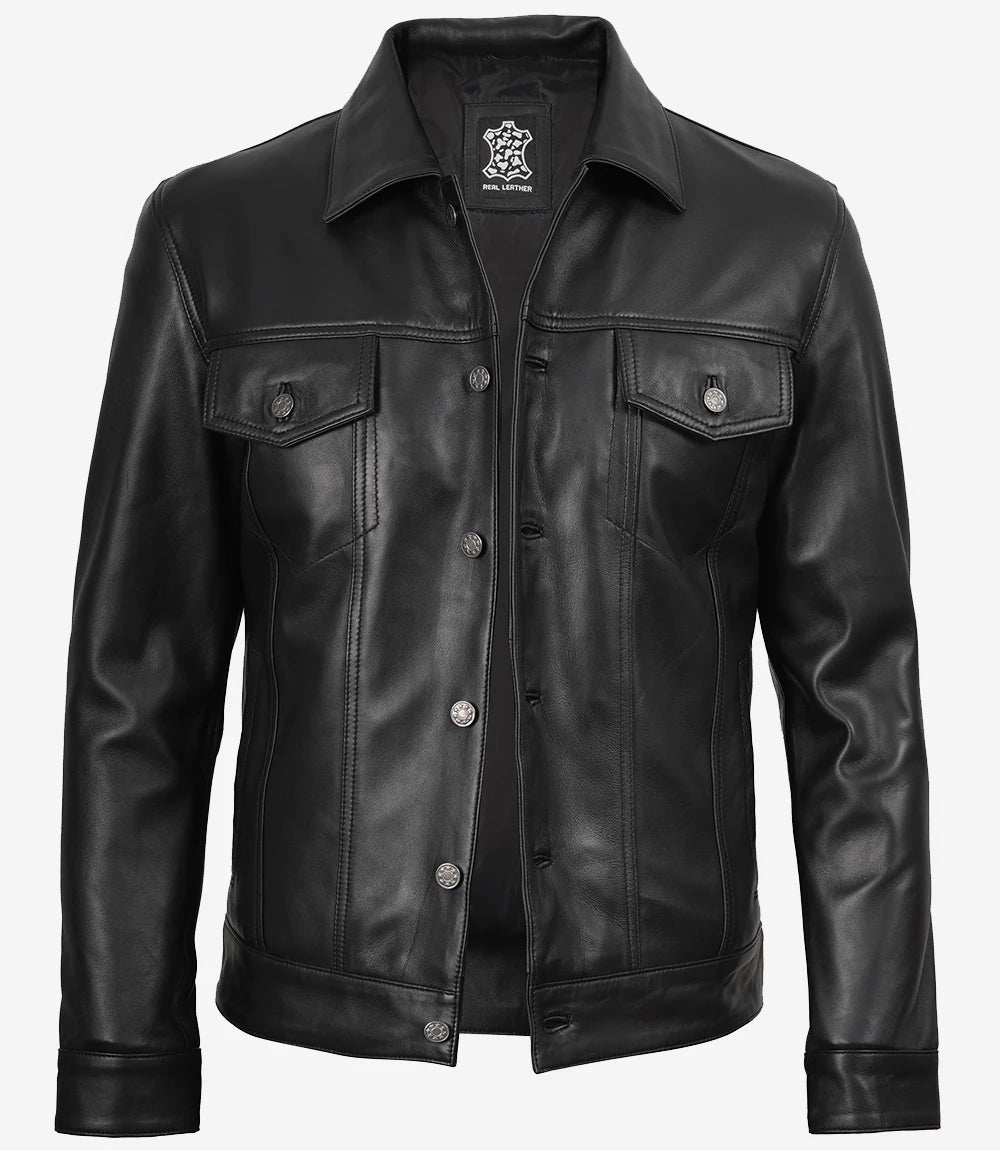 Veste de en cuir noir pour homme