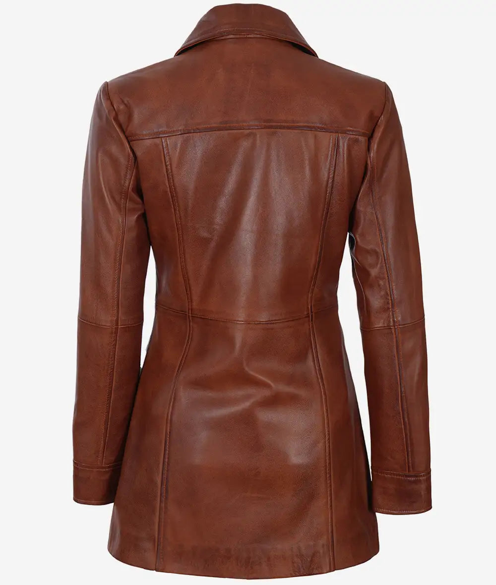 manteau de voiture en cuir cognac pour femme