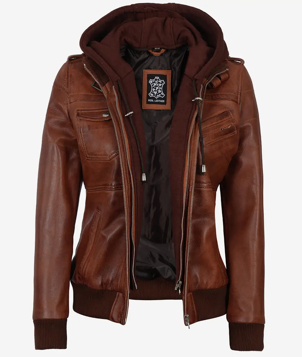 veste en cuir marron cognac femme
