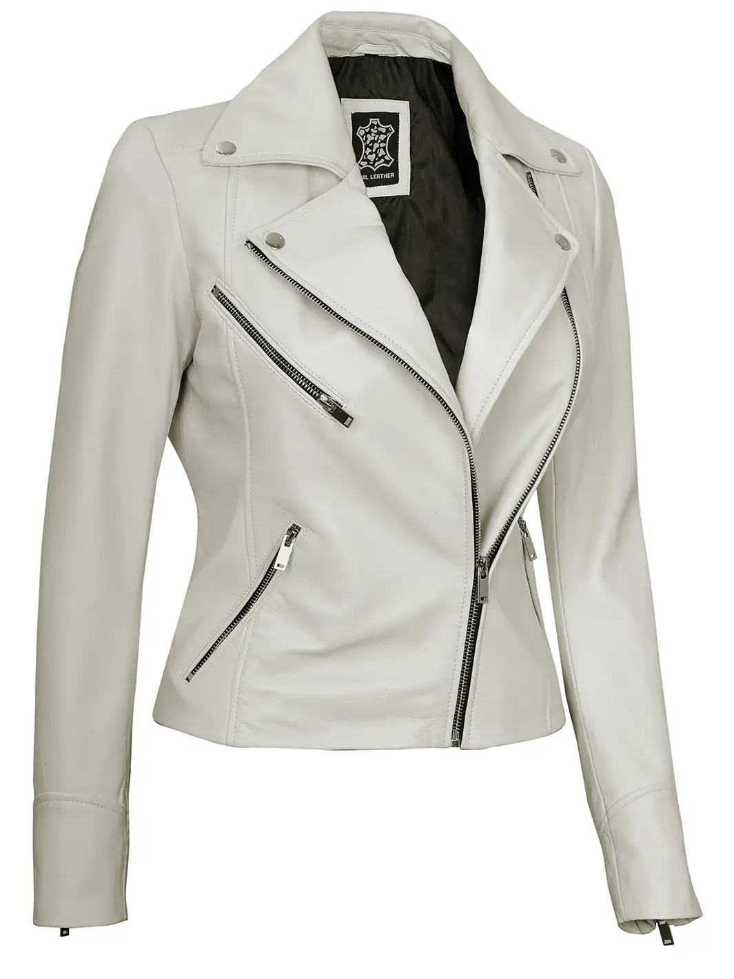 Veste en cuir biker blanc cassé femme