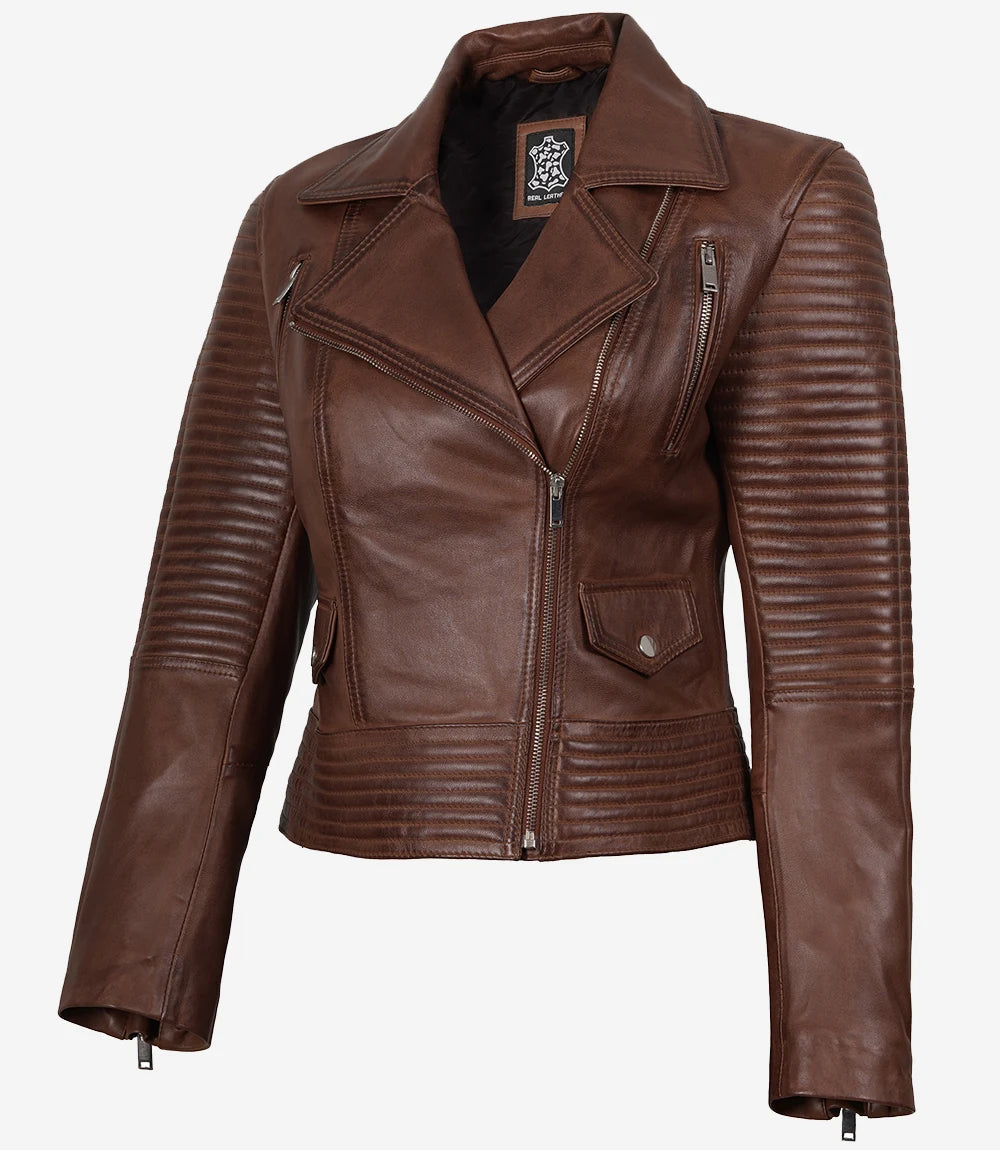 veste de motard en cuir marron