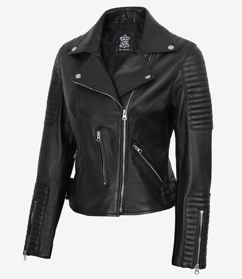 Veste de motard en cuir noir femme