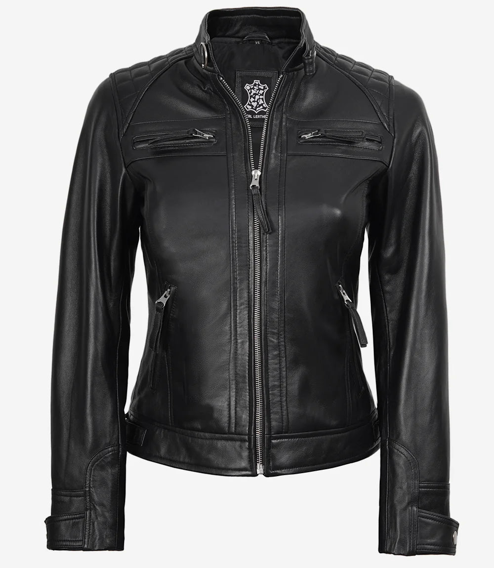 Noir Cafe Racer Blouson Cuir Femme
