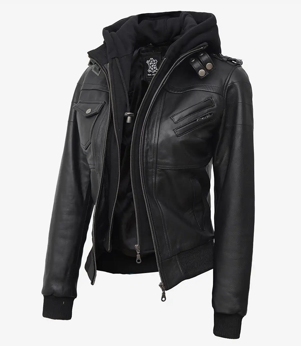 Edinburgh Women's Black Leather Bomber Jacket with Detachable Hood