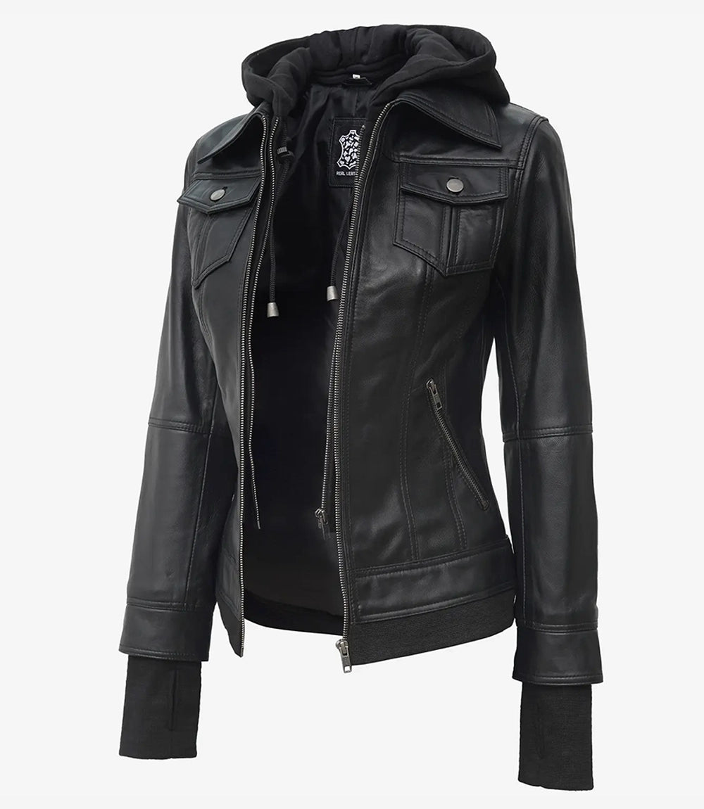 Women's Black Leather Motorcycle Jacket with Hood