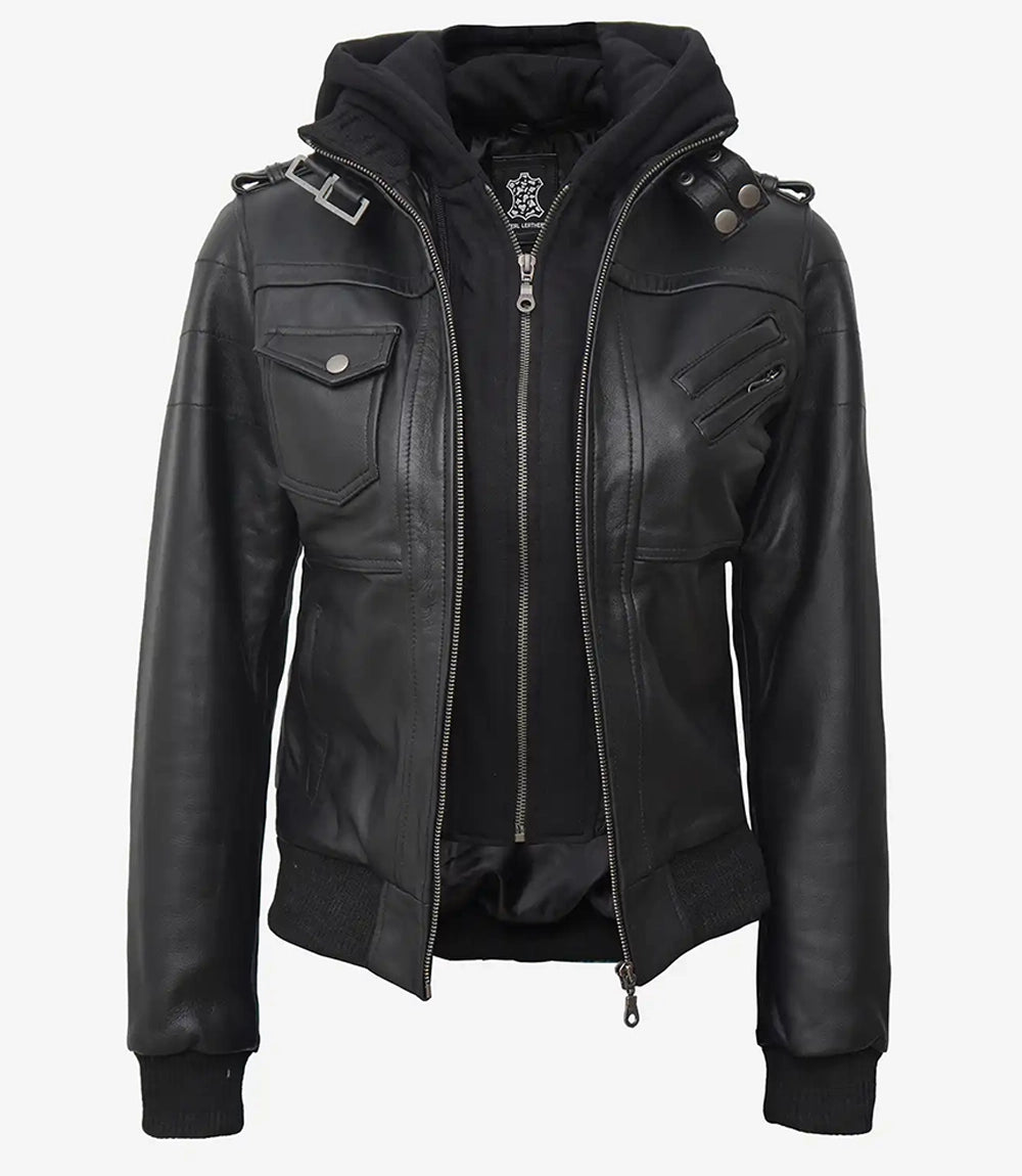 Edinburgh Women's Black Leather Bomber Jacket with Detachable Hood