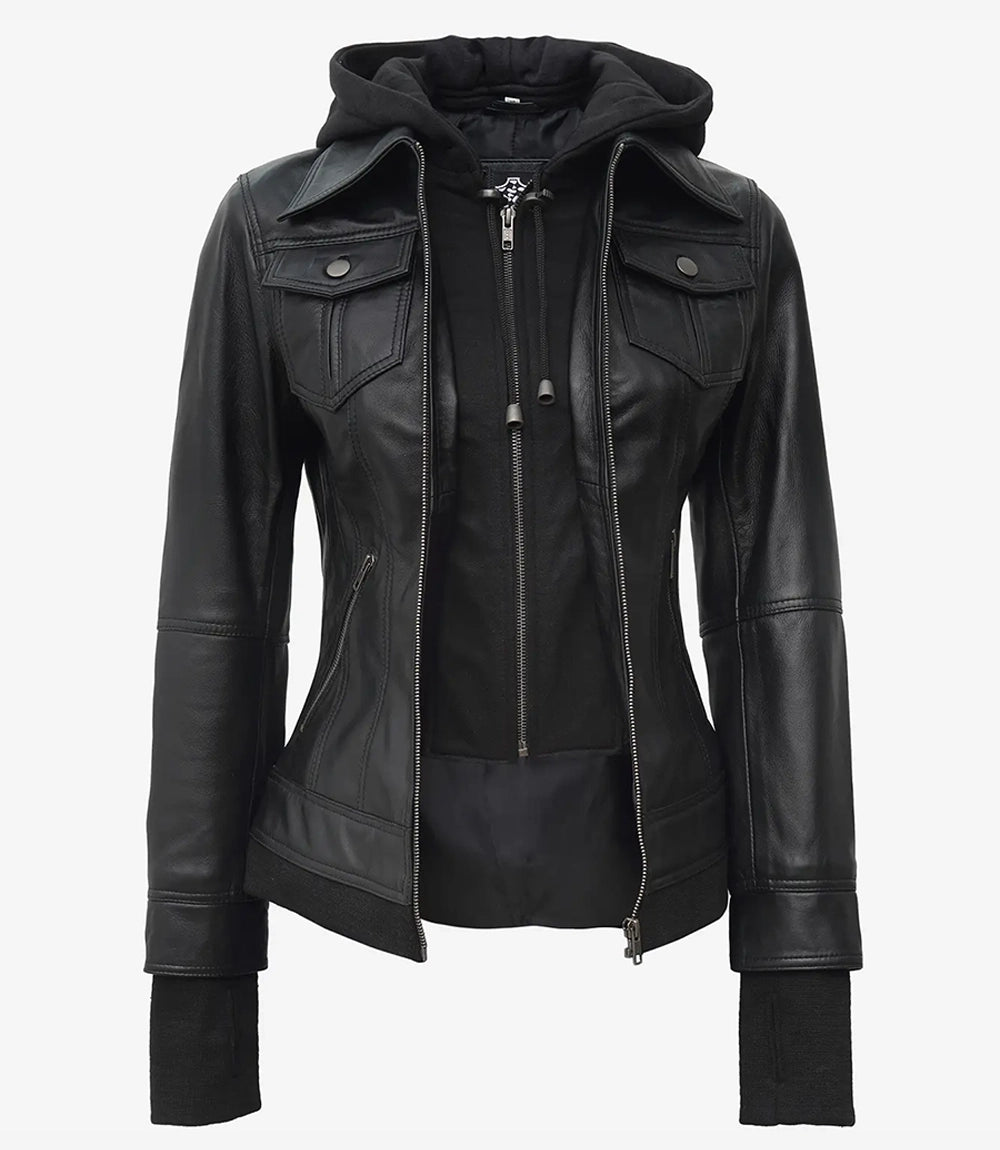 Women's Black Leather Motorcycle Jacket with Hood