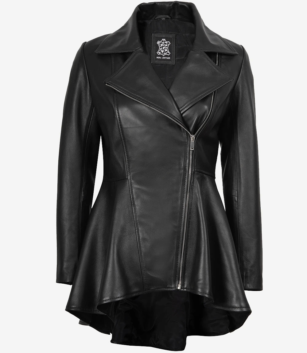 Veste en cuir noire à basque pour femme