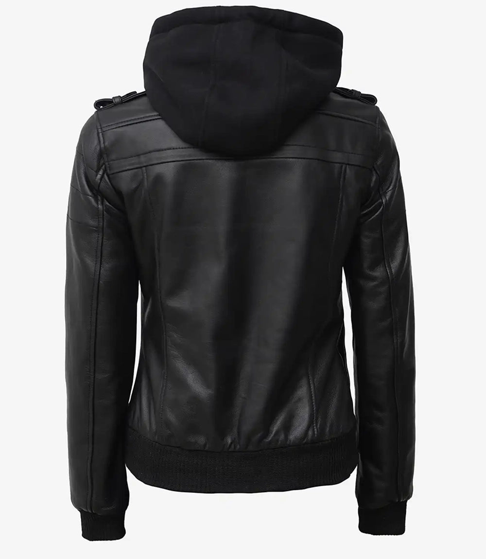 Edinburgh Women's Black Leather Bomber Jacket with Detachable Hood