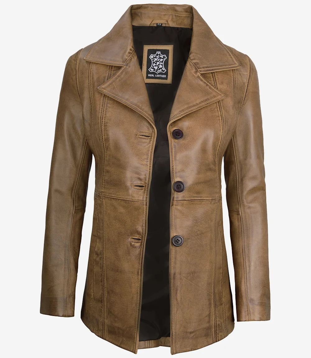 Blazer en cuir marron camel pour femme