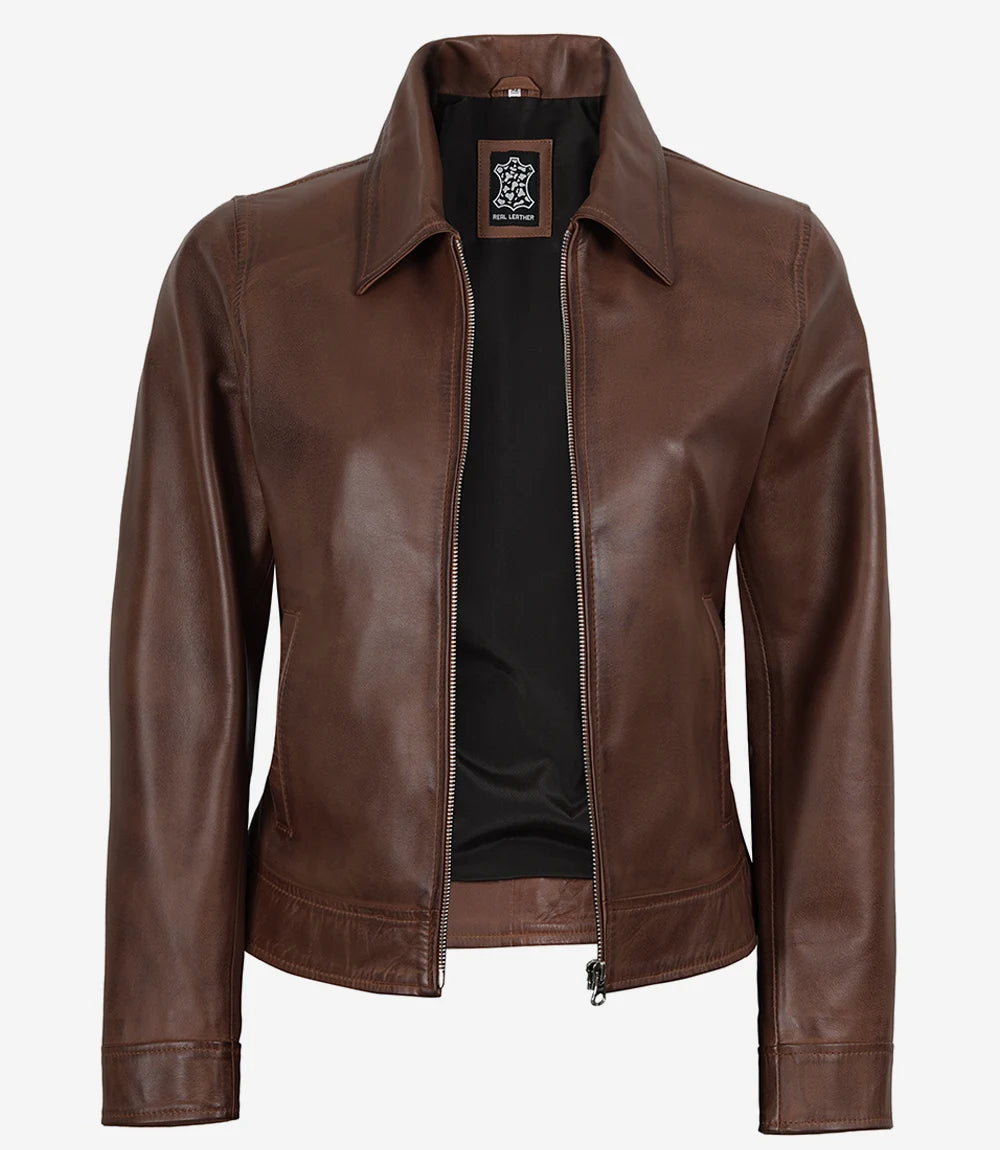 Femmes Brun Chemise Col Cuir Veste