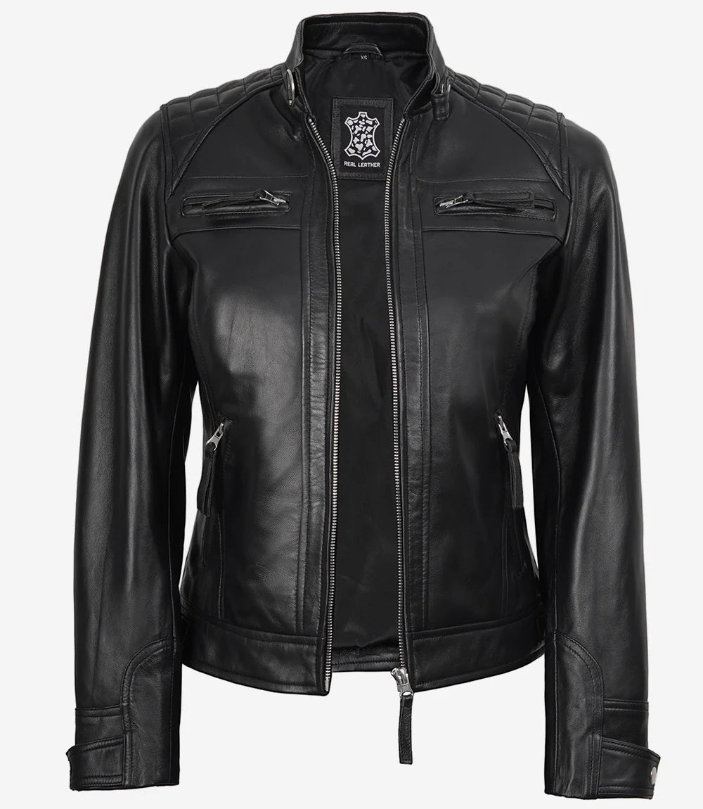 Noir Cafe Racer Blouson Cuir Femme