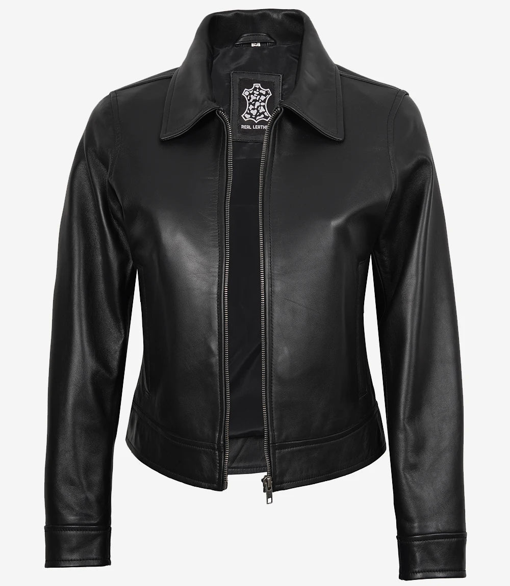 Femmes Noir Harrington Cuir Veste