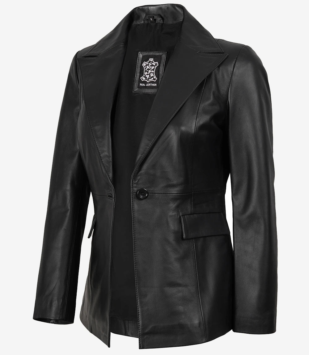 Femmes Unique Bouton Véritable Cuir Blazer