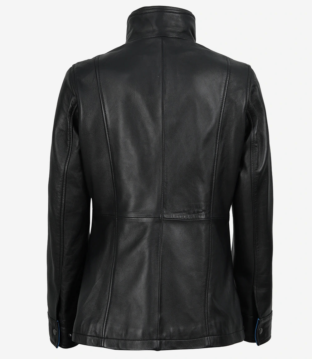 Femmes Cuir Veste avec Bleu Intérieur Revers