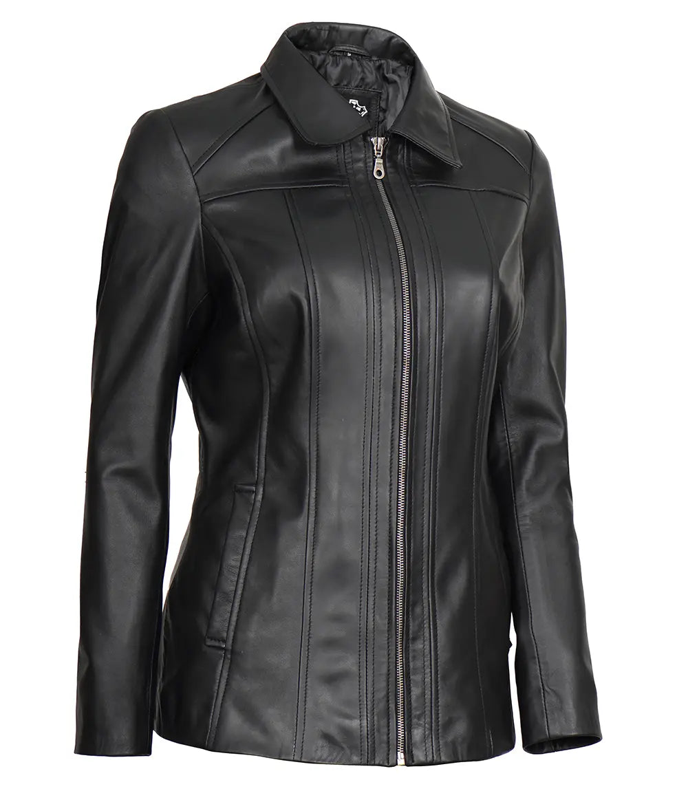 manteau de voiture en cuir noir femme