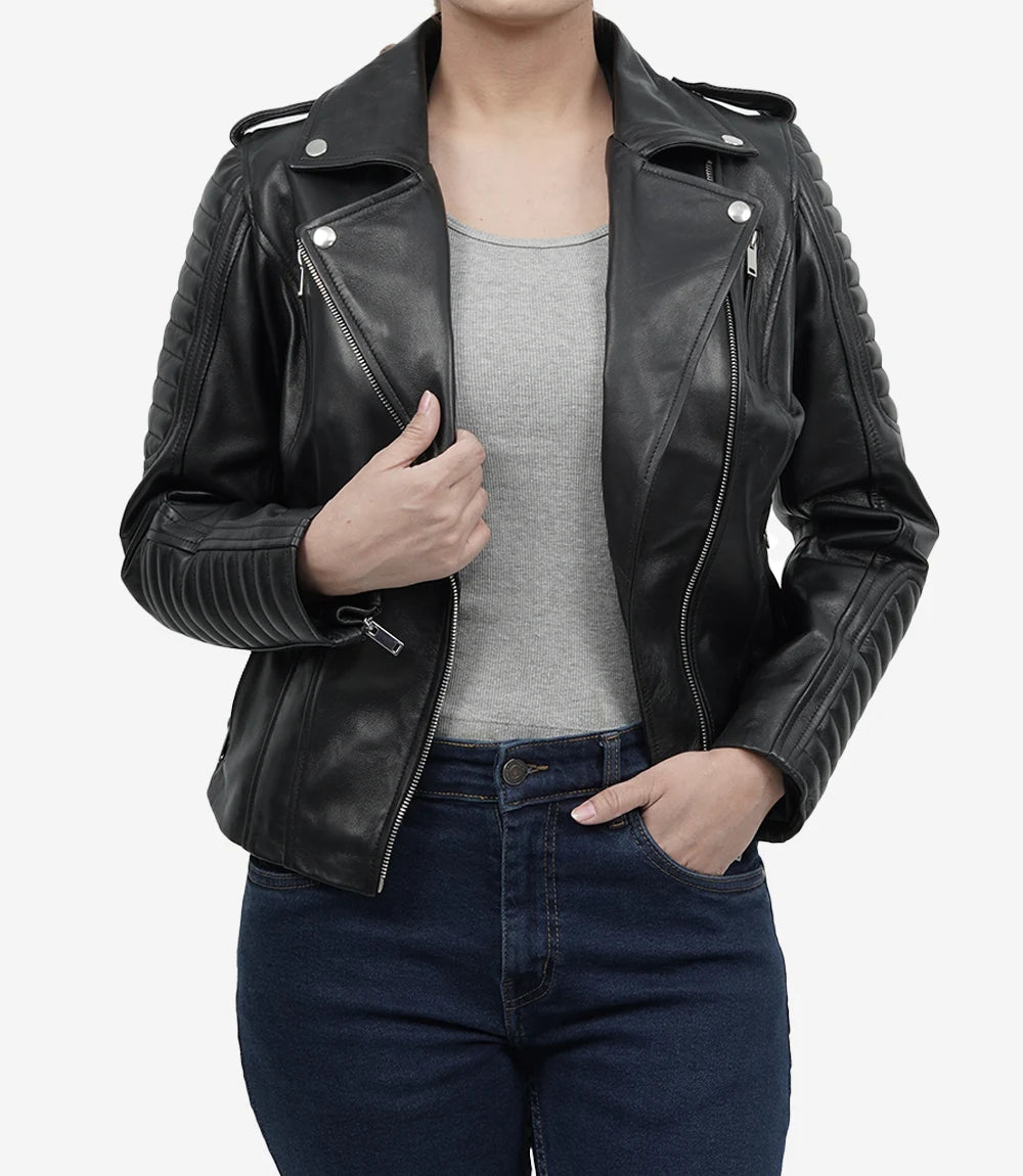 Veste en cuir véritable noir pour femme