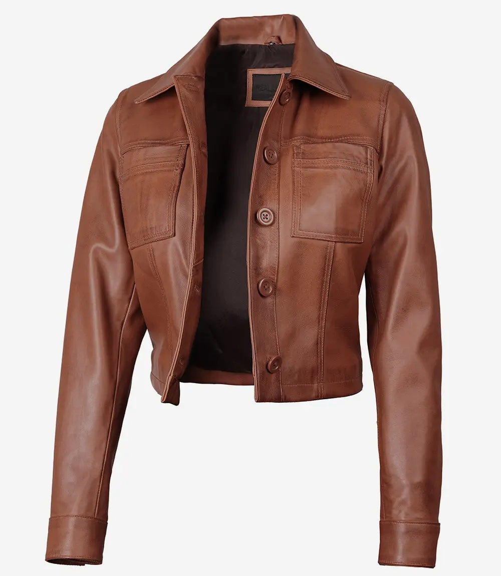 Johnson Women's Cognac Cafe Racer Quilted Leather Jacket