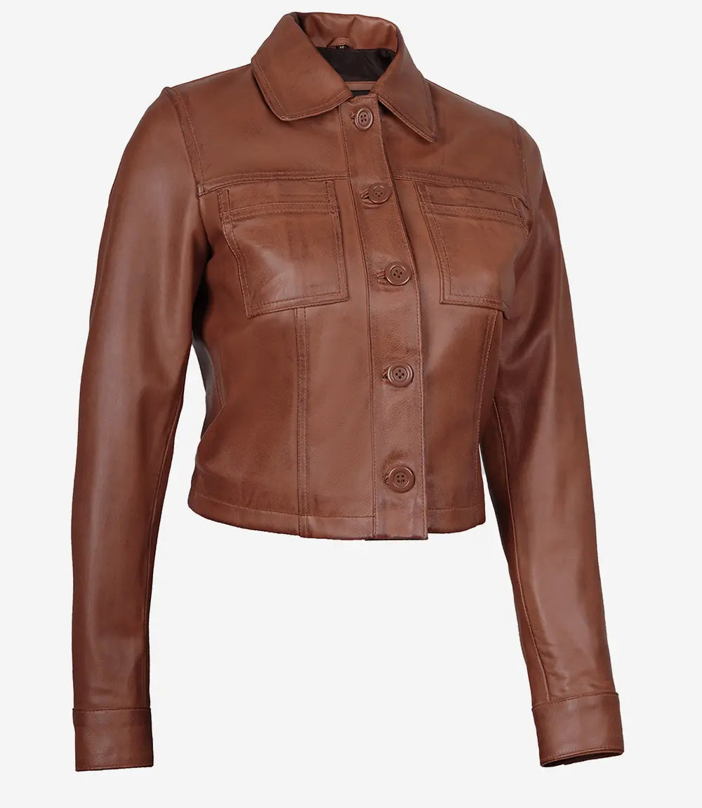 Johnson Women's Cognac Cafe Racer Quilted Leather Jacket